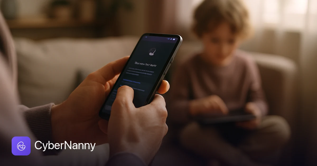 Родительский контроль на Android: родитель настраивает приложение на телефоне, ребёнок рядом с планшетом
