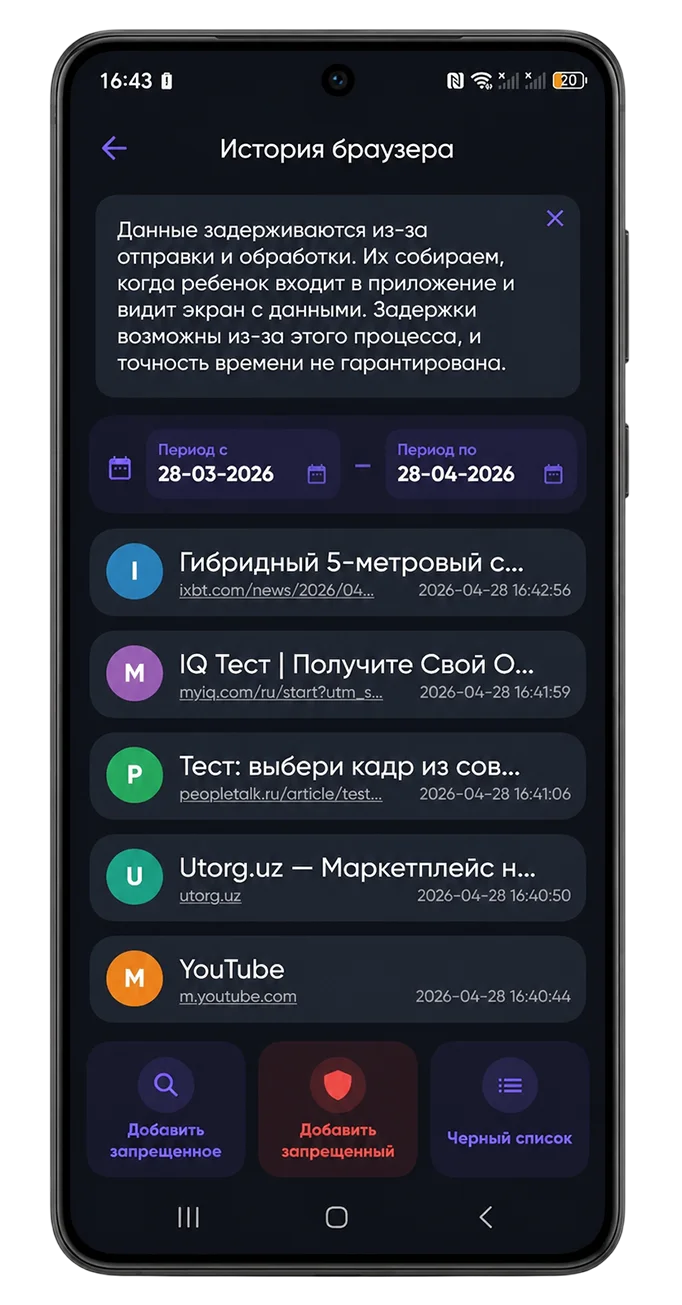 История + чёрный список сайтов
